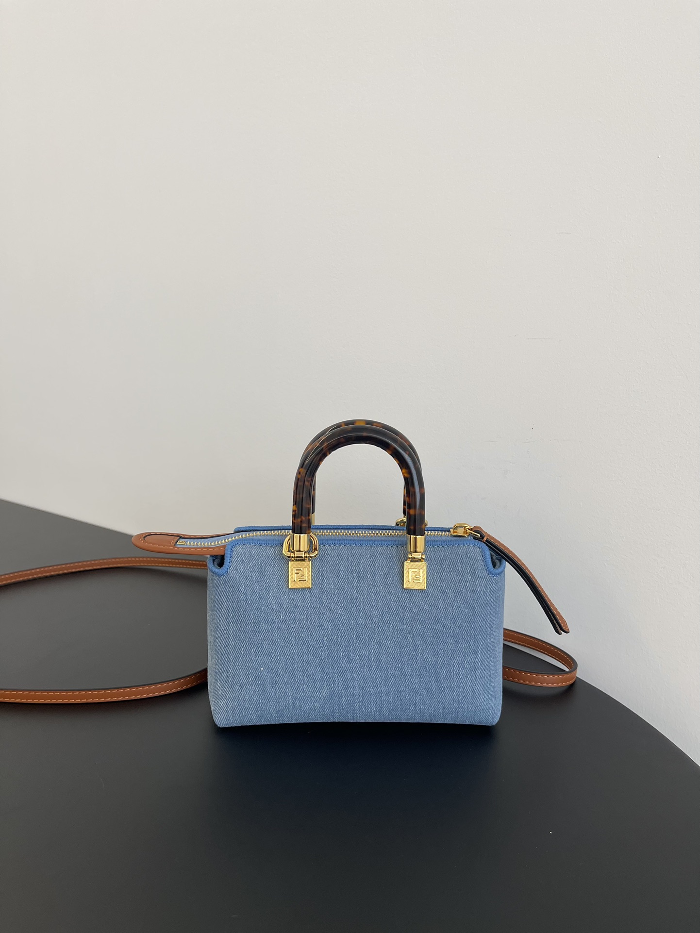 Fendi Mini By The Way Denim Fabric Boston Shoulder Bag Blue